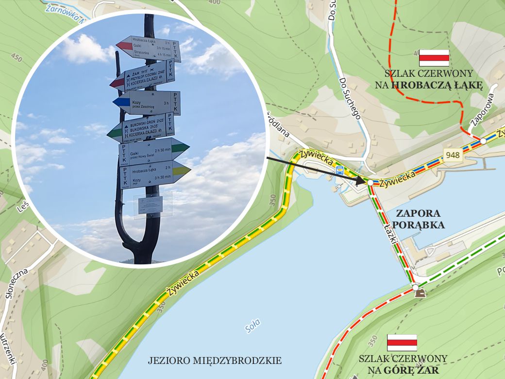 Zapora Porąbka: Kierunkowskaz przy Zaporze wodnej