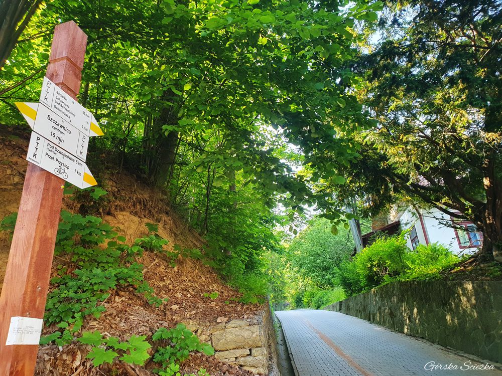 Bacówka PTTK pod Bereśnikiem: Kierunkowskaz powyżej zabudowań Szczawnicy