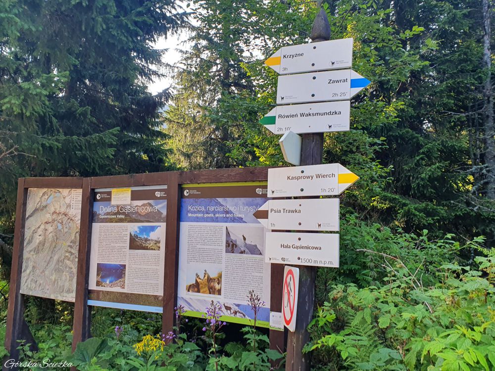 Przełęcz Krzyżne: Kierunkowskaz przy Schronisku PTTK Murowaniec