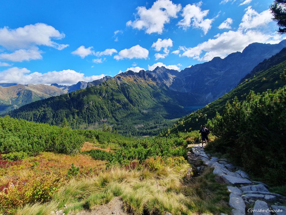 Świstówka Roztocka - z Doliny Pięciu Stawów do Morskiego Oka: Widok na Morskie Oko podczas zejścia szlakiem niebieskim