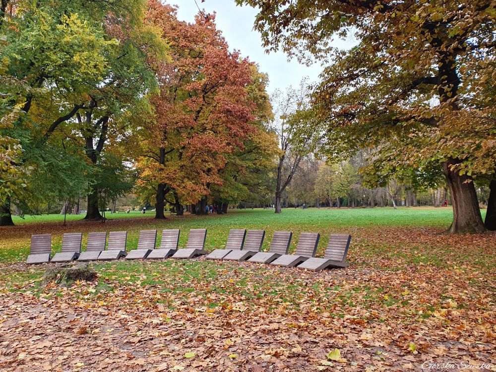 Park Zamkowy w Żywcu: Drewniane ławeczki przy Tężni Solankowej