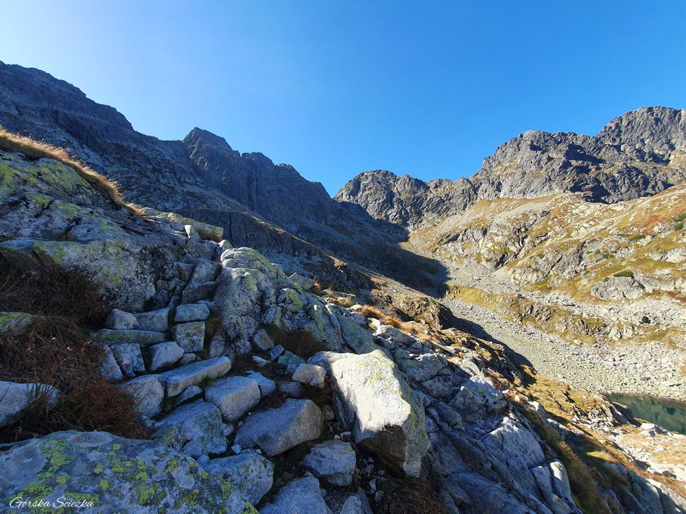 Zadni Granat: Szlak żółty do Koziej Dolinki, w tle Przełęcz Zawrat