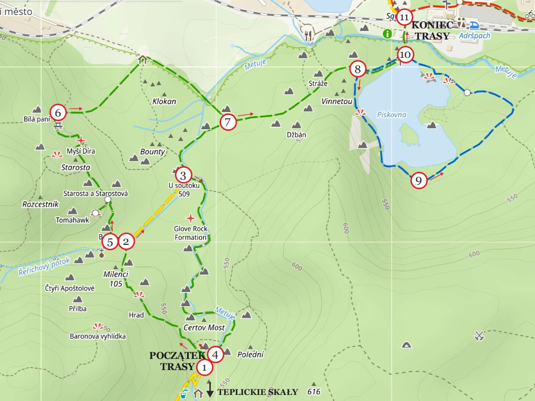 Adrspach mapa - kierunek zwiedzania od strony Teplickich Skał